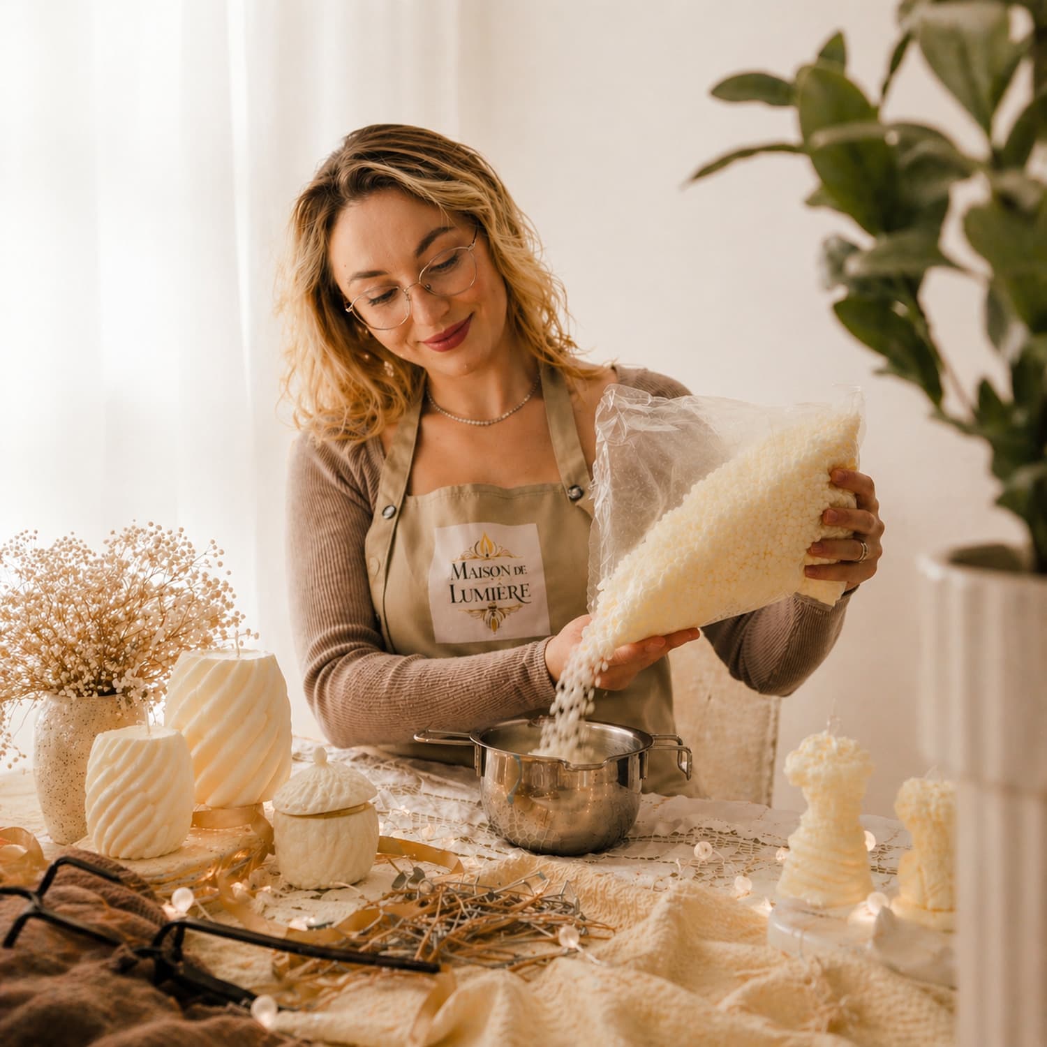 Mihaela crafting bespoke candles in the Maison de Lumière studio