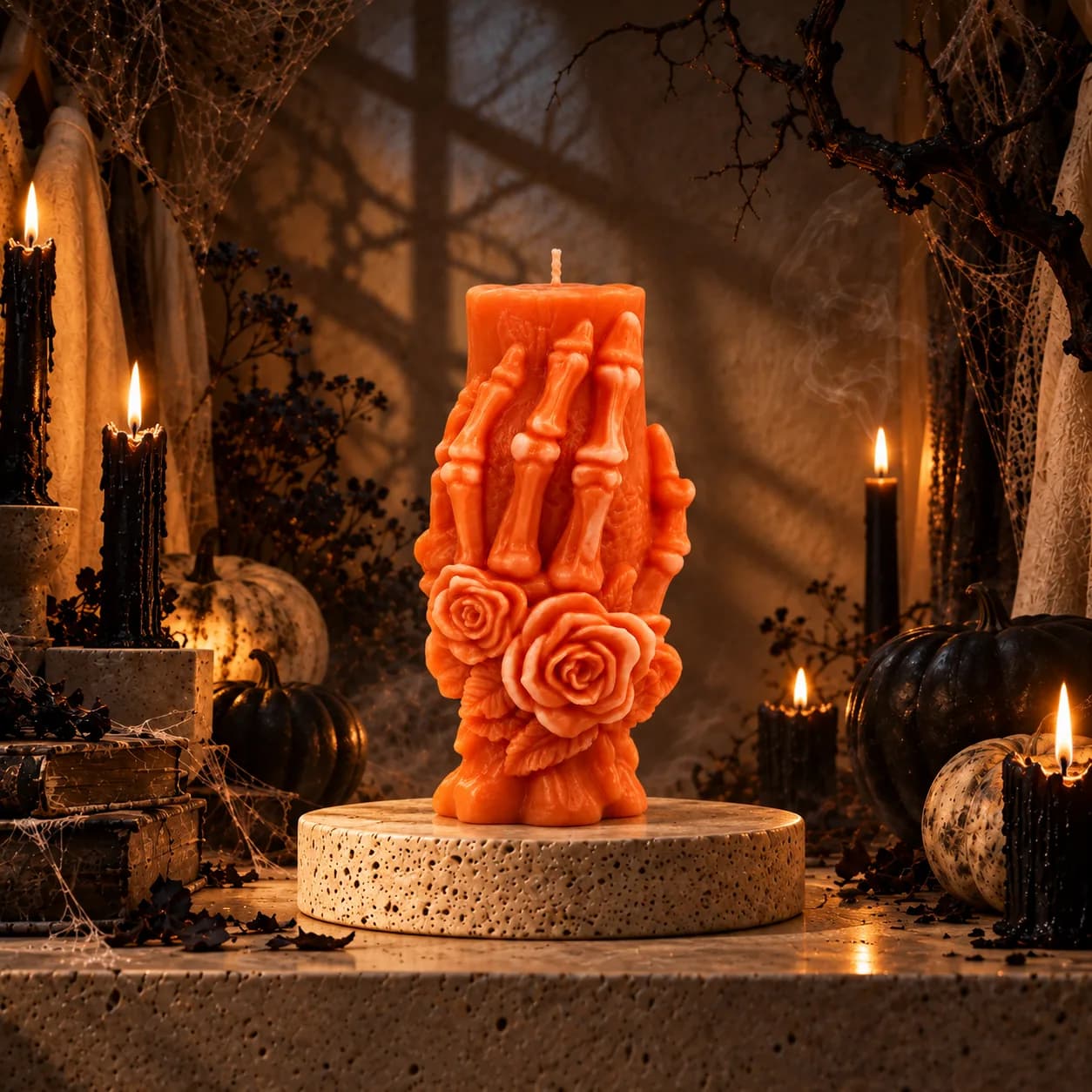 Skeleton Hands Rose Pillar Candle — handcrafted soy-wax candle from Maison de Lumière